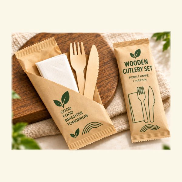 Wooden Cutlery Set (Fork, Knife + Napkin)